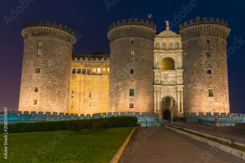 Night view of Castel Nuovo in Naples, Italy photo