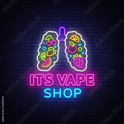 Vape shop neon sign vector. Vaping Store Logo Emblem Neon, Its Vape Shop Concept With Lungs and Fruits, Fighting Smoking. Trendy designer elements for print and advertising t-shirts. Vector