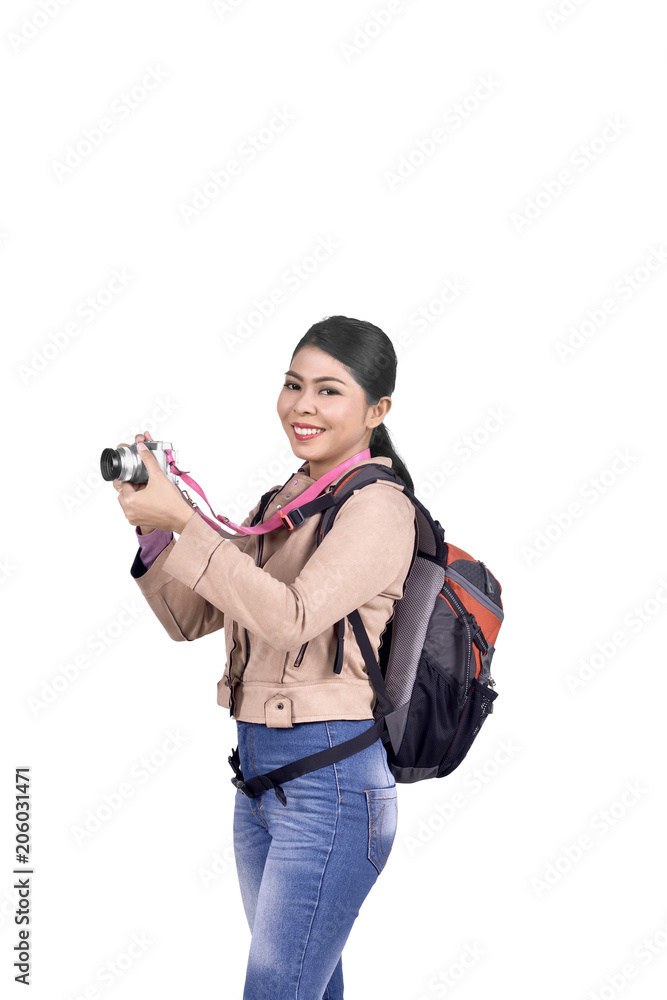 Images of asian traveler with camera and backpack