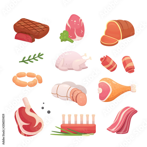 Set fresh meat products. Steak in cartoon style. Vector isolated illustration beef steak, pork sausage, ham, bacon slice. Menu design.