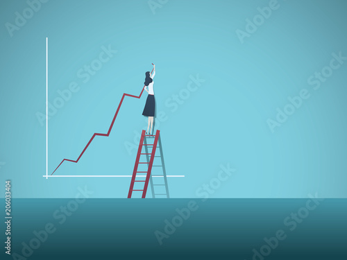 Business plan or investment vector concept. Businesswoman drawing increasing graph. Symbol of successful investment, profit, finance, growth, strategy.