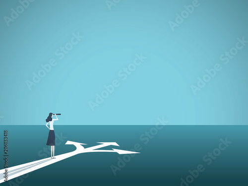 Business or career decision vector concept. Businesswoman standing at crossroads. Symbol of challenge, choice, change, new opportunity. photo