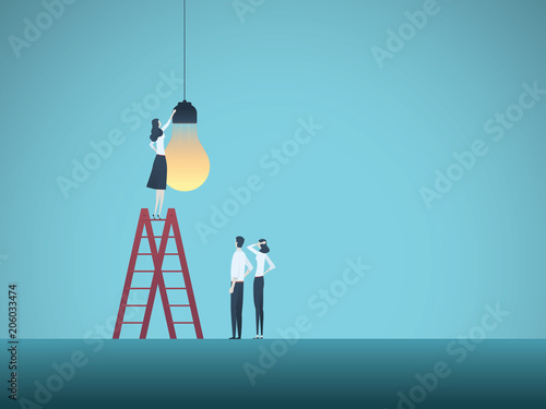 Business creativity and teamwork vector concept with team of businesspeople installing lightbulb. Symbol of cooperation, success, innovation.