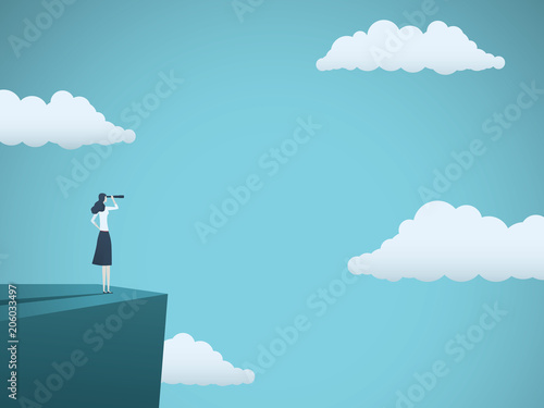 Business vision or visionary vector concept with businesswoman standing on top of cliff with telescope. Symbol of woman leader, succes, ambition, leadership.