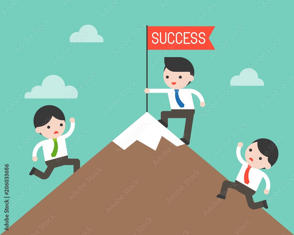 Business man race to top mountain before competitors, be first business situation concept flat design Business man race to top mountain before competitors, be first business situation concept flat design