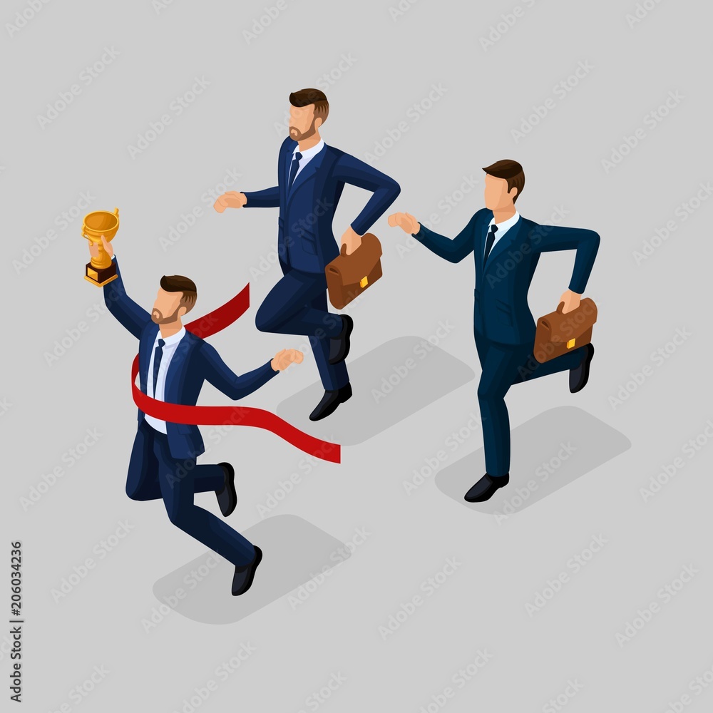 Trendy isometric people, 3d businessmen running, success, getting cup, reaching goal, young businessman isolated on a gray background Trendy isometric people, 3d businessmen running, success, getting cup, reaching goal, young businessman isolated on a gray background