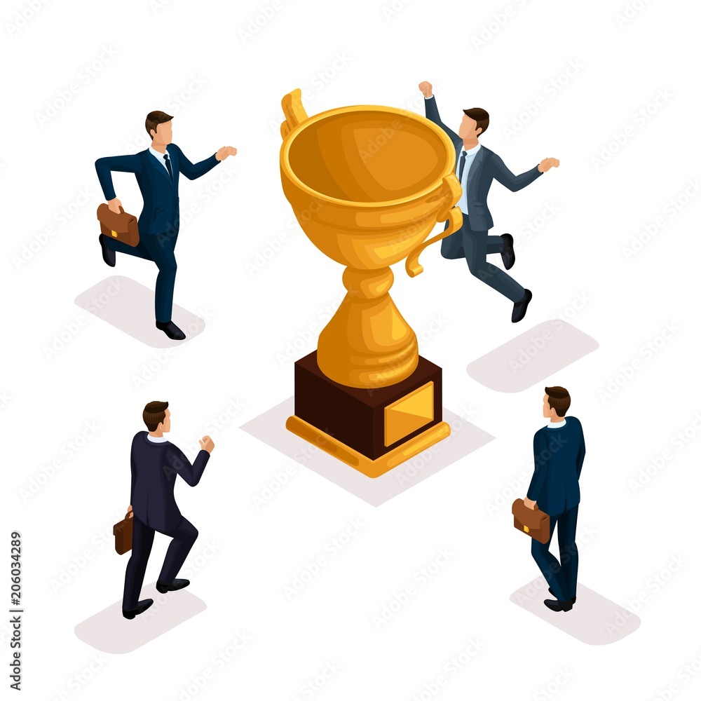 Trendy isometric people, 3d businessmen, movement running, fast step, rush prize cup, get trophy, young entrepreneurs with briefcase isolated on white background