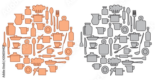 beige and gray kitchenware in round groups - vector illustration