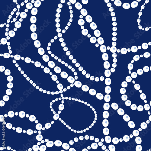 Messy white pearls necklaces and bracelets on blue, seamless pattern, vector