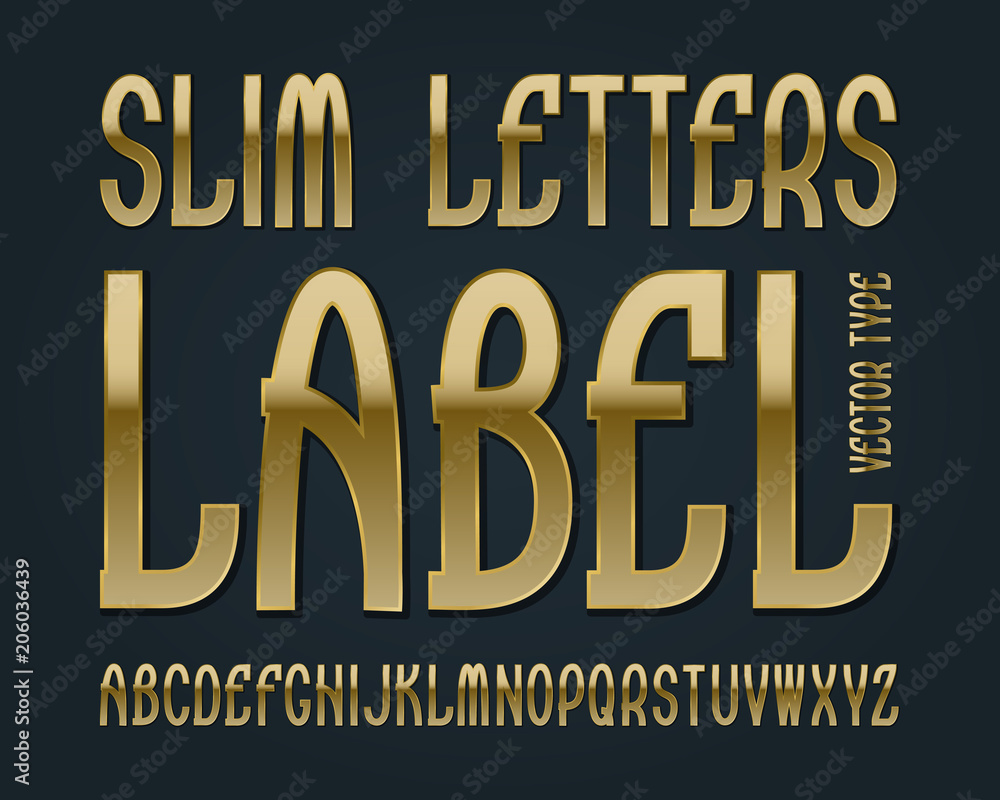 Slim Letters Label typeface. Golden font. Isolated english alphabet.