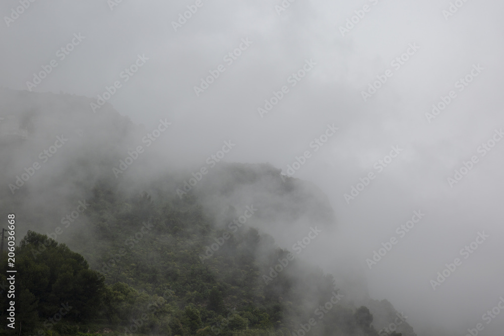 The fog descended on a mountain village. Rain.