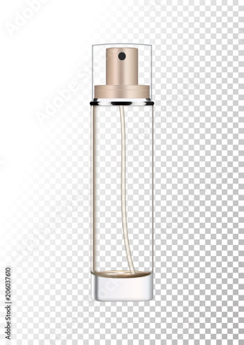 Vector empty bronze gold package for cosmetic products with pump, tube for lotion, tonic, cream. Realistic mockup of glass container with batcher isolated on white-transparent background.