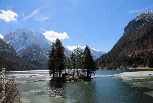 Island with trees on the lake called Lago del Predil in Northern