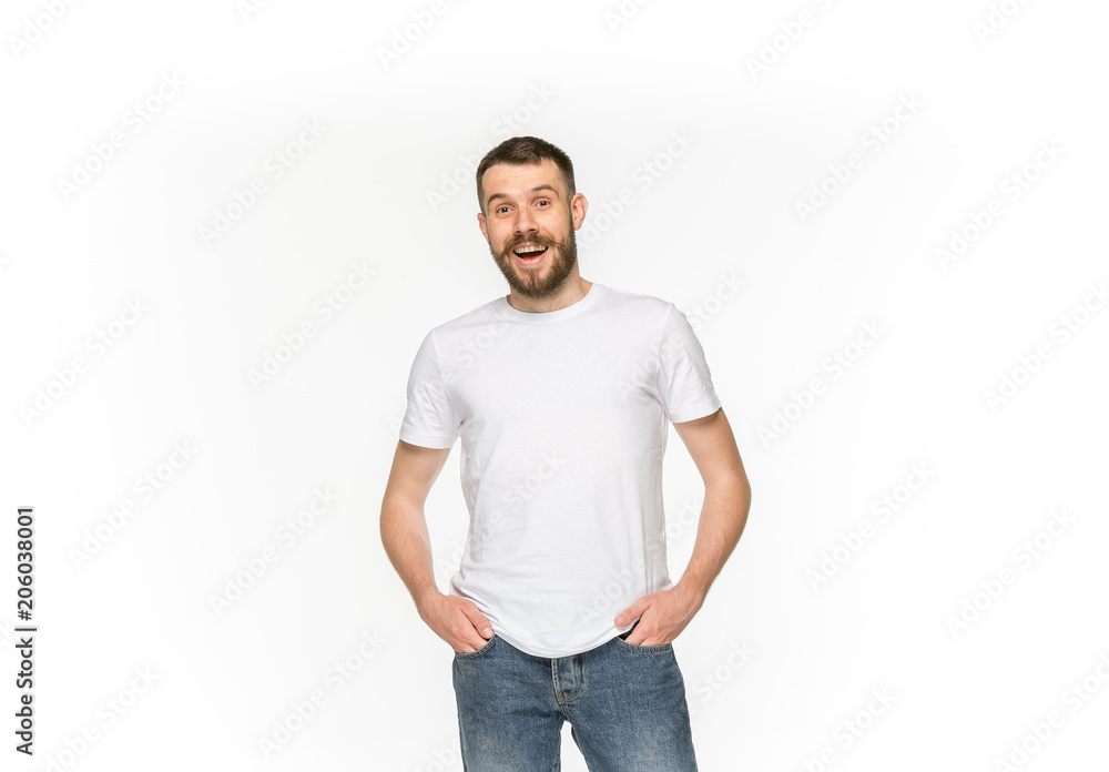 Closeup of young man's body in empty white t-shirt isolated on white background. Mock up for disign concept Closeup of young man's body in empty white t-shirt isolated on white background. Mock up for disign concept