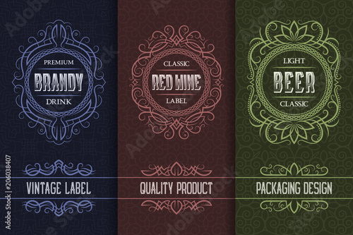 Vintage packaging design set with alcohol drink labels of brandy, wine, beer.