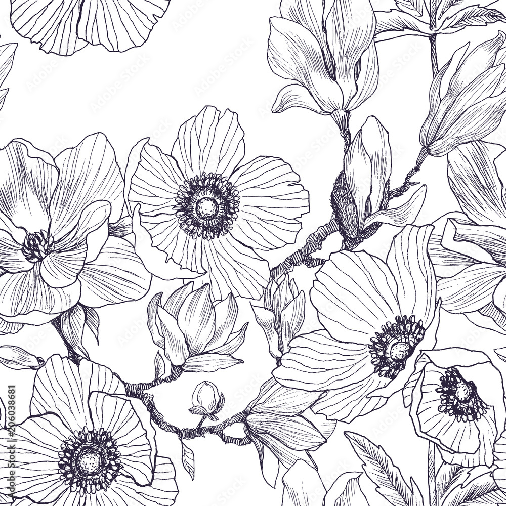 Fototapeta premium Seamless pattern of magnolia and anemones blossom branch isolated on white. Vintage botanical hand drawn illustration. Spring flowers . Vector design