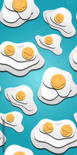 Seamless texture of 3d fried eggs cut out from paper. Fried eggs. Vector Pattern for your design