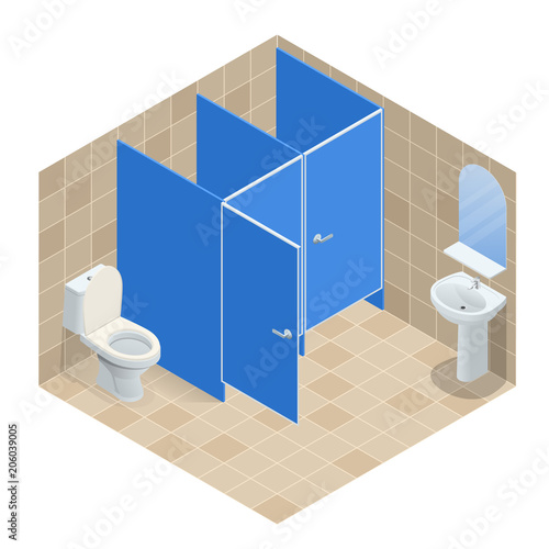Isometric Row of white ceramic wash basin in public toilet, interior design. Vector illustration