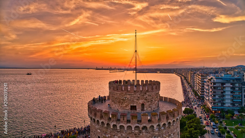 Aerial view of famous White Tower of Thessaloniki at sunset, Greece.