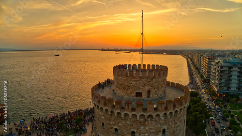 Aerial view of famous White Tower of Thessaloniki at sunset, Greece.
