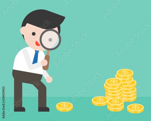 business man looking money through magnifying glass, business situation searching money concept, flat design vector