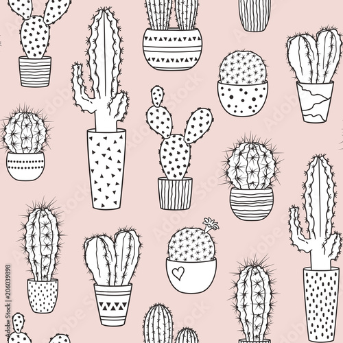 Seamless pattern with variety of cacti in pots