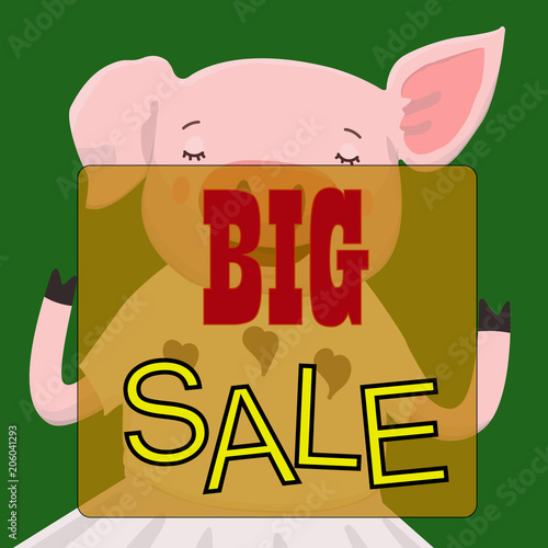 Vector style Sale banner template design with cute pink pig jump out of a