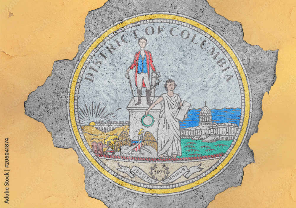 Fototapeta premium Flag of US state District of Columbia seal in big broken material concrete hole facade structure