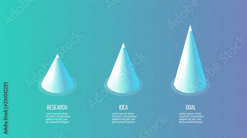 Isometric infographics. Bar chart  graph with 3 cones  options. Vector template.