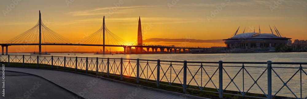 Naklejka premium Panorama cable-stayed bridge and stadium in St. Petersburg