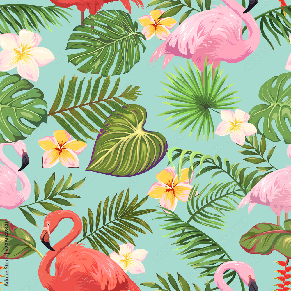 Obraz premium Wzór z flamingów, tropikalnych liści i kwiatów