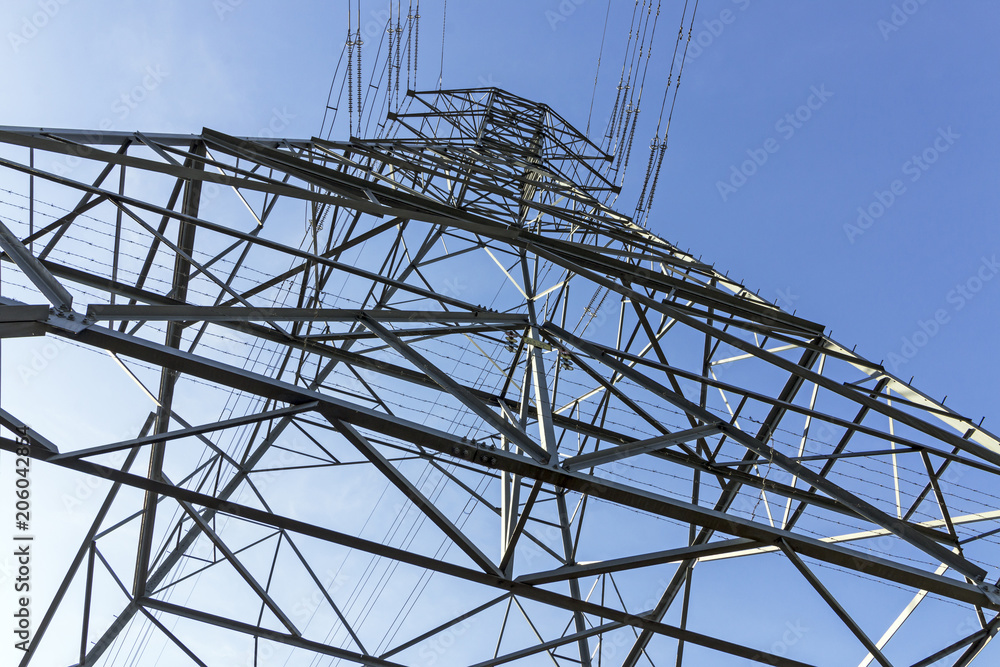 Under View of Structured  Metal Engineering of Overhead Electricity Pylon