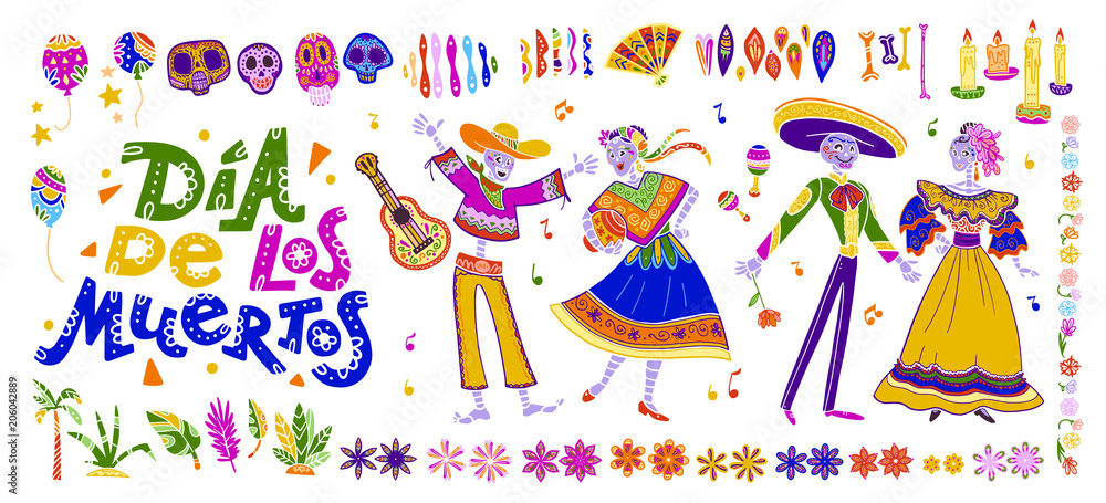 Vector dia de los muertos set of mexico traditional elements, symbols & skeleton characters in hand drawn style isolated on white background. Mexican celebration, national patterns & decorations.