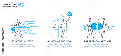 Set of illustrations concept with businessmen. Workflow, growth, graphics. Business development, milestones. linear illustration Icons infographics. Landing page site print poster