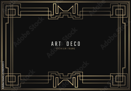 Vector geometric frame in Art Deco style. Rectangle noble design for invitations, cards, posters. Black and golden lined shape. Sandblasting ornament.