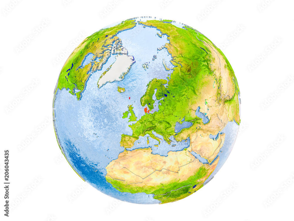 Denmark on globe isolated Denmark on globe isolated