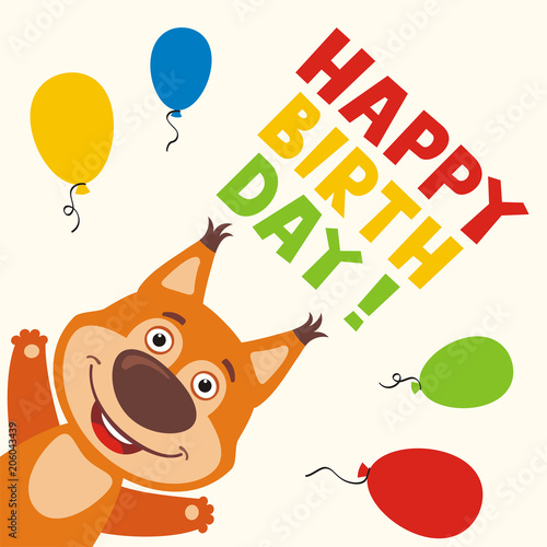 Happy birthday  Greeting card with funny squirrel and balloons in cartoon style.