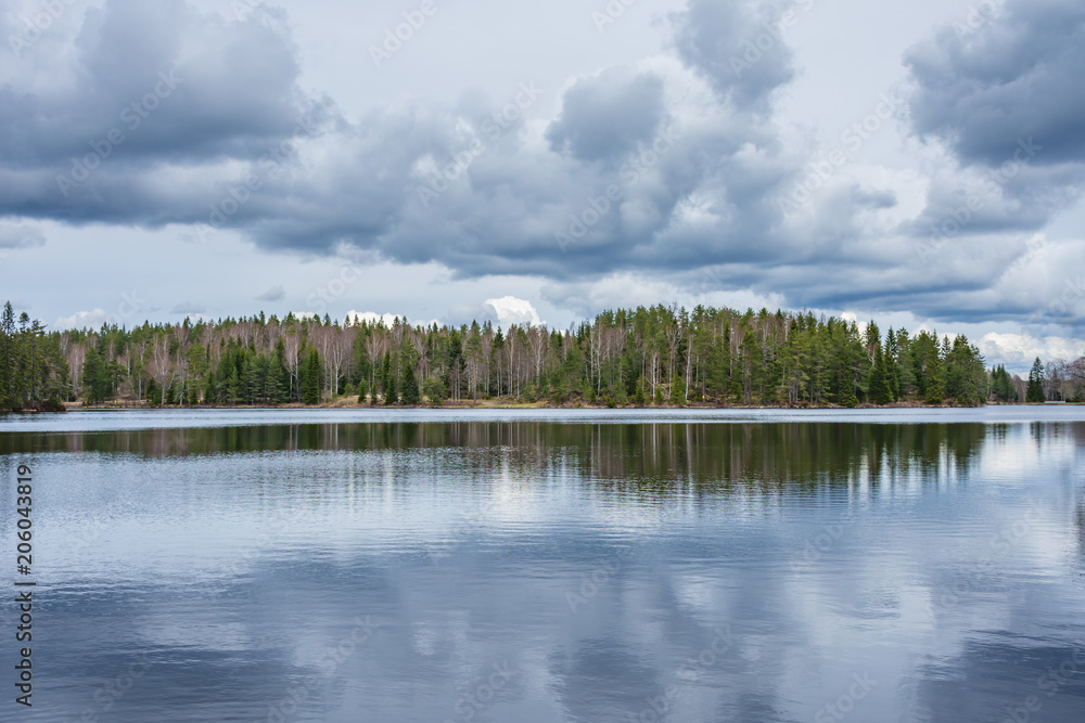 Forest on the shore of lake with cloudy sky above, reflected in the water. Taken along the Bergslagsleden hiking trail, in nature reserve Ånnaboda in central Sweden.