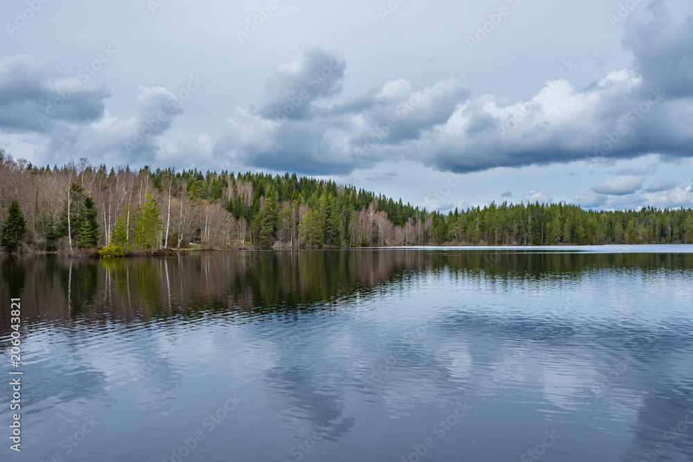 Lake reflection of the lakeshore forest and cloudy sky. Taken along the Bergslagsleden hiking trail, in nature reserve Ånnaboda in central Sweden.