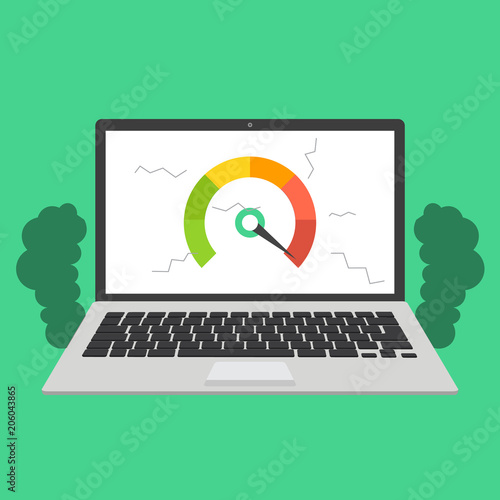 Laptop with speed test on the screen. Vector illustration.