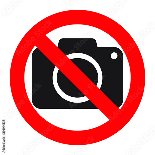 No cameras allowed sign. Red prohibition no camera sign. No taking pictures, no photographs sign.