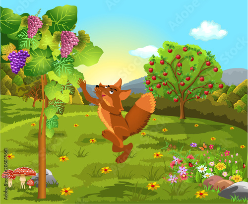 The fox and the grapes classic fable vector illustration