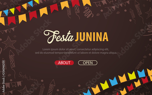 Festa Junina background with hand draw doodle elements and party flags. Brazil or Latin American holiday. Vector illustration