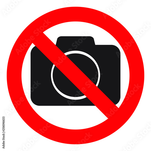 No cameras allowed sign. Red prohibition no camera sign. No taking pictures, no photographs sign.