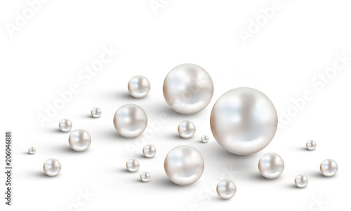 Many small and big white pearls on plain white background