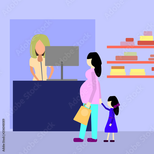 Pregnant woman with girl in cosmetic store. Flat illustration