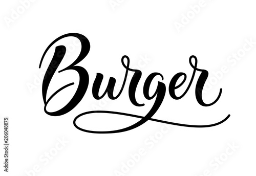 Burger logo and word. Calligraphy and script typography in vintage american script style. Burger text isolated on white background. Vector illustration and design element. EPS 10