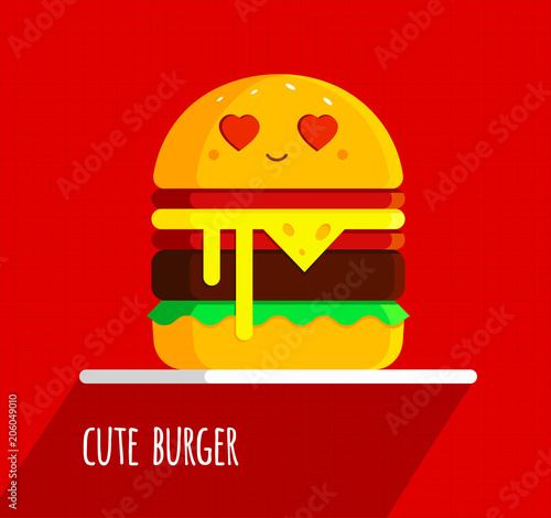 Cute burger with feeling in love emoticon. Hamburger cartoon style character and icon with hearts. Emoji. Funny poster and flat fast food restaurant concept. Vector illustration. EPS 10