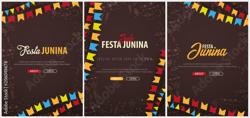 Set of Festa Junina backgrounds with hand draw doodle elements and party flags. Brazil or Latin American holiday. Vector illustration