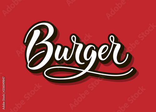 Burger logo, text and word. Calligraphy and script typography in vintage american script style. Burger isolated. Simple symbol and modern sign for fast food. Vector illustration. EPS 10